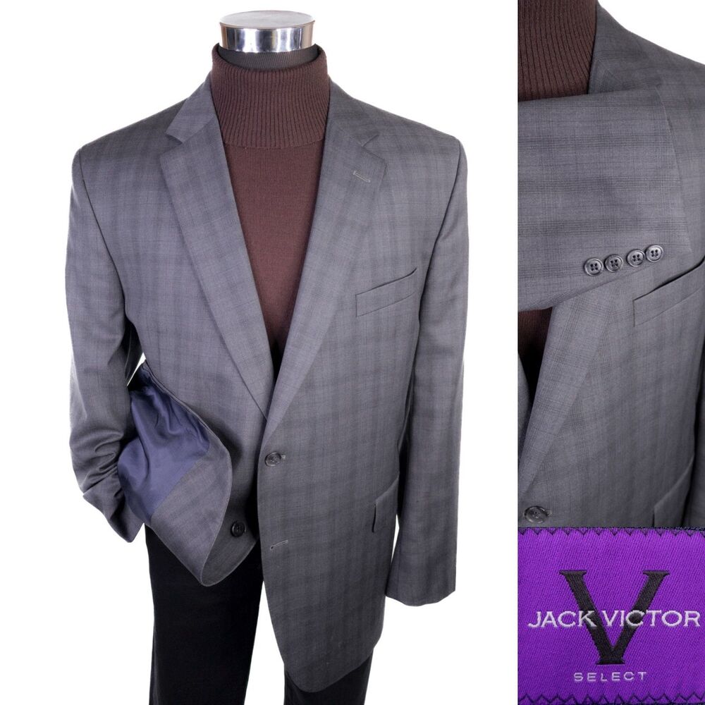 Jack Victor Select Wool Sport Coat Blazer Jacket Sz 48R Plaid Gray 2-Button